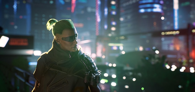 Courageous cyberpunk human on the night city 3d render