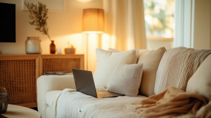 Foto cozy home interior with beige sofa warm lighting
