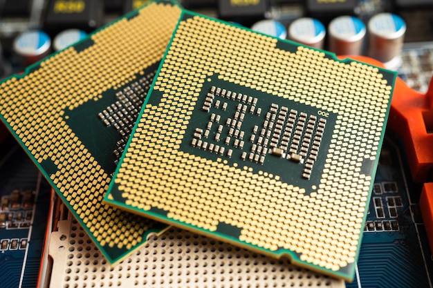 cpu central processor unit chip chip on circuit board in pc and laptop computer technology