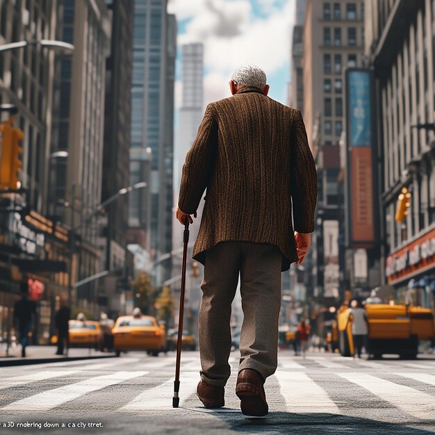 Create a 3D rendering of an old man with a w cane
