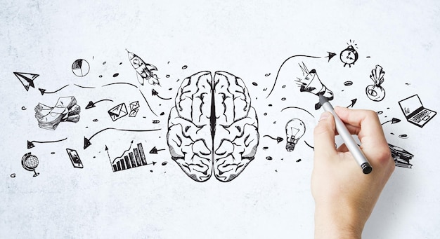 Creation ideas concept with human hand writing sketch of brain parts and business icons set on wall