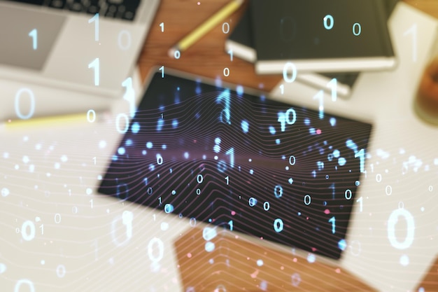Creative abstract binary code hologram and modern digital tablet on desktop on background top view AI and machine learning concept Multiexposure