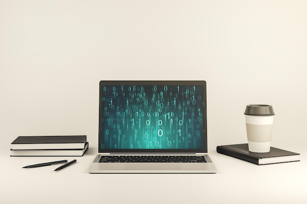 Creative abstract binary code hologram on modern computer monitor AI and machine learning concept 3D Rendering