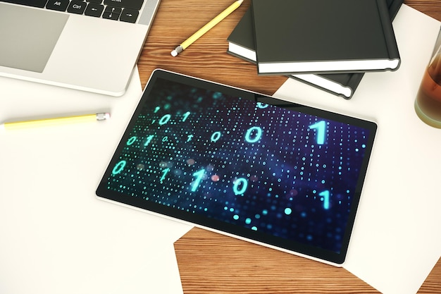 creative abstract binary code sketch on modern digital tablet screen hacking and matrix concept top view 3d rendering