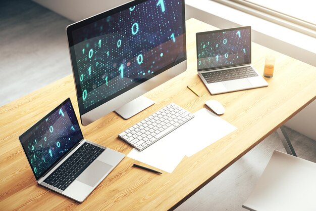 Creative abstract binary code sketch on modern laptop monitor hacking and matrix concept 3D Rendering