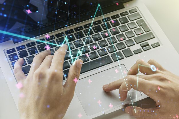 creative abstract heart pulse hologram and hands typing on computer keyboard on background online medical consulting concept multiexposure