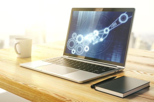 creative abstract robotics technology hologram on modern computer monitor artificial intelligence and machine learning concept 3d rendering