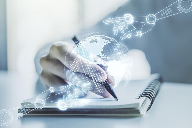 Creative abstract robotics technology hologram with globe and man hand writing in diary on background artificial intelligence and machine learning concept Multi exposure