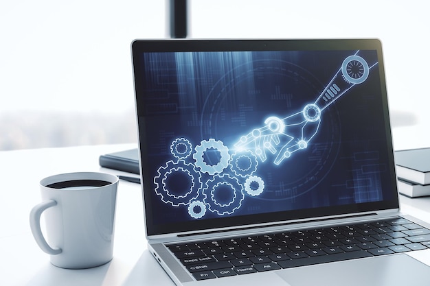 creative abstract robotics technology sketch on modern laptop monitor future technology and ai concept 3d rendering