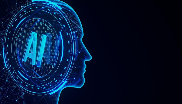 Creative ai head outline on dark backdrop with mock up place Artificial intelligence and innovation concept 3D Rendering
