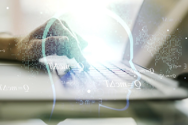 Creative artificial Intelligence concept with human head sketch and hands typing on computer keyboard on background Double exposure