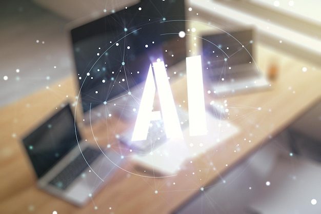 creative artificial intelligence symbol concept and modern desktop with computer on background multiexposure