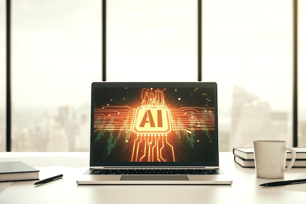Creative artificial Intelligence symbol concept on modern laptop screen 3D Rendering
