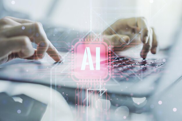creative artificial intelligence symbol concept with hands typing on computer keyboard on background double exposure