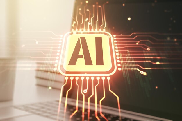 Creative artificial Intelligence symbol concept with modern laptop on background Multiexposure