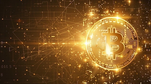 creative bitcoin circuit and coin hologram with gold light on blurry hologram background copy space