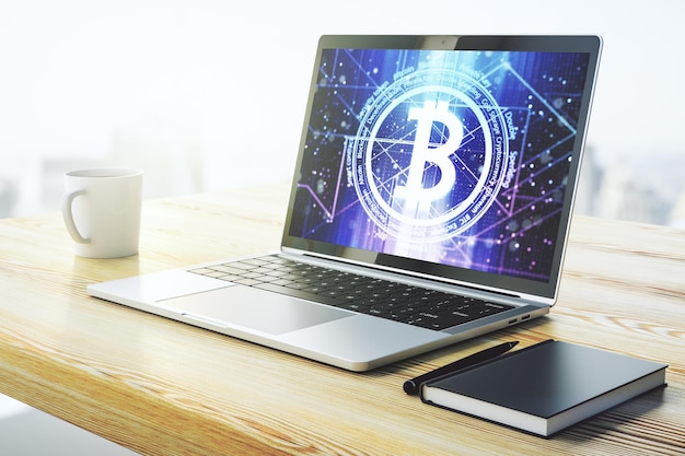 Creative Bitcoin concept on modern computer monitor 3D Rendering