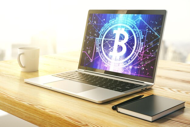 Creative Bitcoin concept on modern computer monitor 3D Rendering