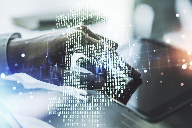 Creative Bitcoin concept with finger presses on a digital tablet on background Double exposure