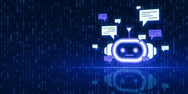 creative bot hologram on blue binary coding background with mock up place chat gpt and customer service concept 3d rendering