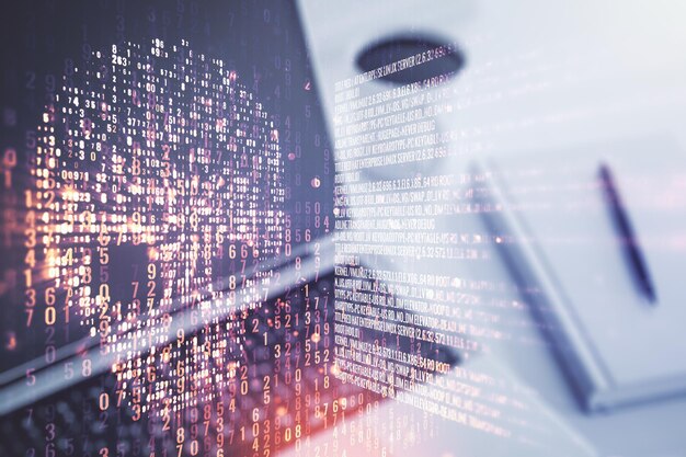 Creative code skull hologram on modern computer background cybercrime and hacking concept Multiexposure