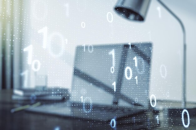 Creative concept of binary code illustration on modern laptop background Big data and coding concept Multiexposure