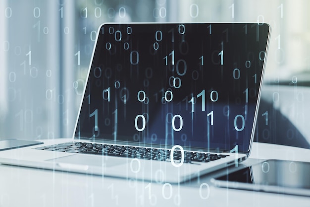 Creative concept of binary code illustration on modern laptop background Big data and coding concept Multiexposure
