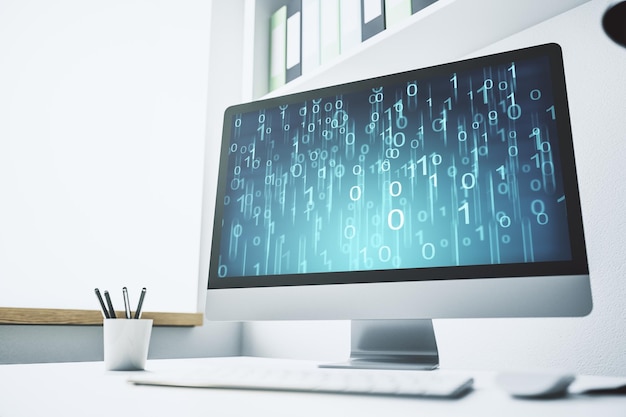 Creative concept of binary code illustration on modern laptop screen Big data and coding concept 3D Rendering