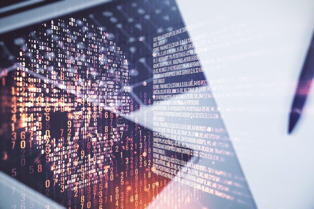 Creative concept of code skull illustration on modern laptop background Hacking and phishing concept Multiexposure