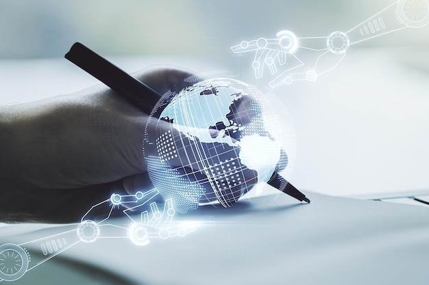 Creative concept of robotics technology with globe sketch and man hand writing in notebook on background Robot development and automation concept Multiexposure