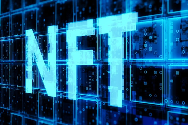 Creative dark blue cubes background with NFT text hologram Technology nonfungible token bigdata and information concept 3D Rendering