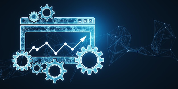 Creative digital computer folder with cogs polygonal mesh and arrows Project Management icon data management folder project goals task management concept 3D Rendering
