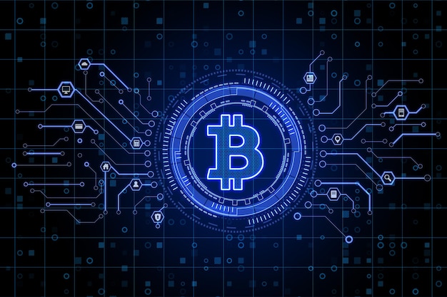 Creative glowing blue digital bitcoin hologram on dark background Cryptocurrency and symbol concept Landing page 3D Rendering