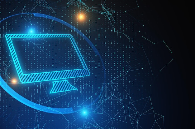 creative glowing computer monitor icon on dark blue background with binary code and mock up place digital transformation concept 3d rendering