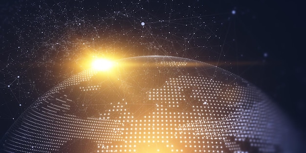 Creative glowing polygonal globe on blurry starry sky background Earth technology space and digital world concept 3D Rendering