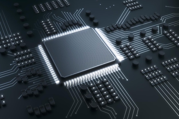 Creative gray chip background Circuit technology and hardware concept 3D Rendering