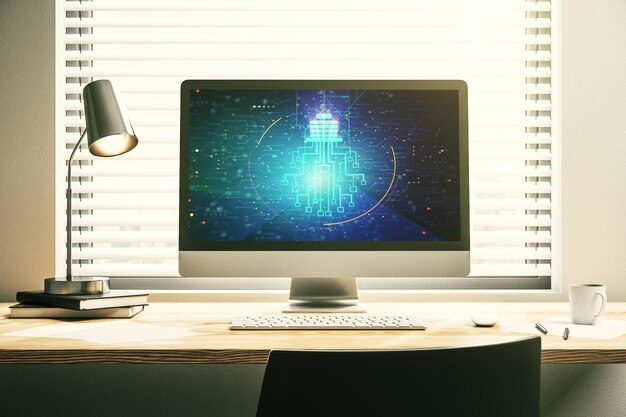 Creative idea concept with light bulb and microcircuit illustration on modern laptop screen Neural networks and machine learning concept 3D Rendering