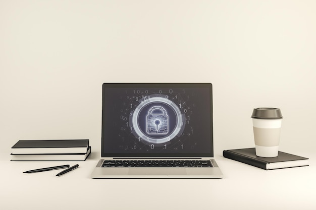 creative idea concept with lock symbol and microcircuit illustration on modern laptop screen protection and firewall concept 3d rendering
