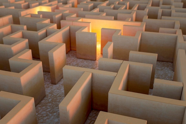 Creative illuminated maze backdrop Solution and idea concept 3D Rendering