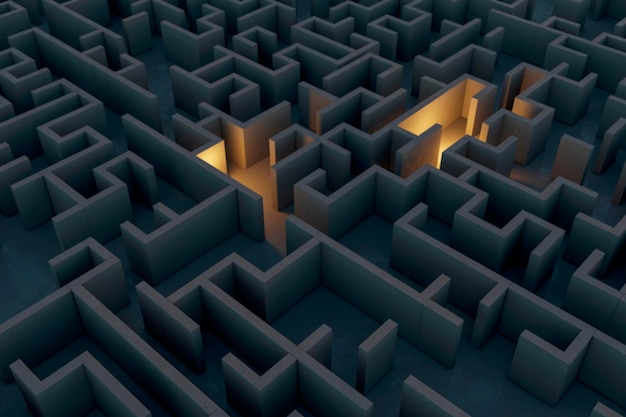 Creative illuminated maze background Solution and idea concept 3D Rendering