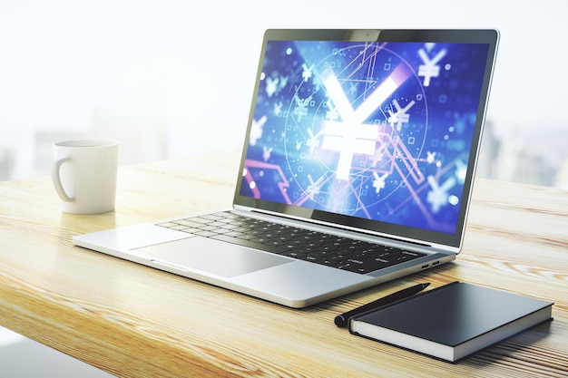 Creative Japanese Yen symbol illustration on modern computer monitor forex and currency concept 3D Rendering