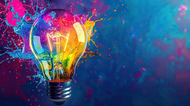 creative light bulb explodes with colorful paint splashes and shards of glass on a black background think differently creative idea concept dry paint splatter ai generated illustration