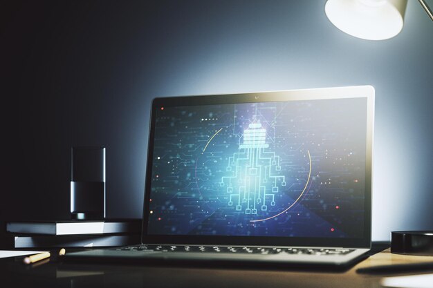 Creative light bulb with chip hologram on modern laptop monitor artificial Intelligence and neural networks concept 3D Rendering