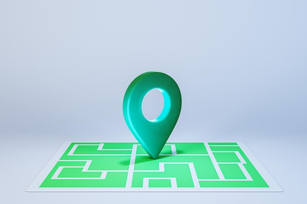 Creative map with green location pin on light background GPS navigation concept 3D Rendering