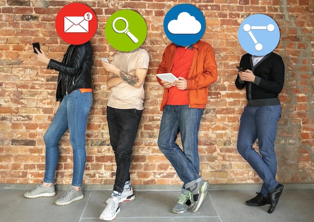 Creative millenial people connecting and sharing social media Modern UI icons as heads