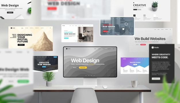 creative workspace with desktop screen and numerous web pages flying around in dynamic motion some p