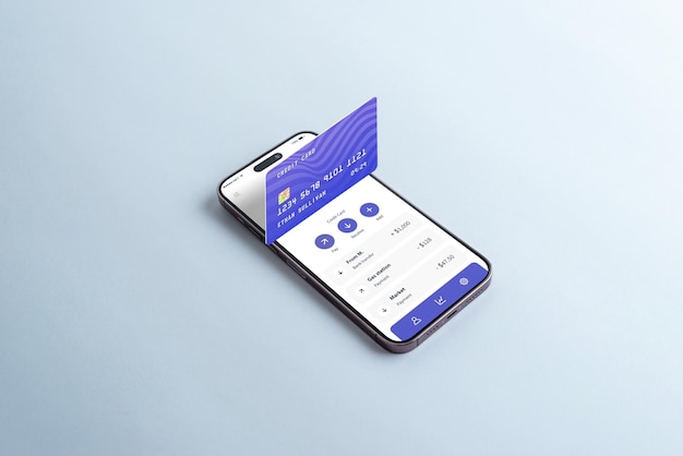 Credit card emerging from a smartphone on a table displaying a digital wallet app Concept of managing accounts credit cards and expenses