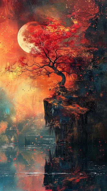 Crimson Moon Above a Cliffside Tree