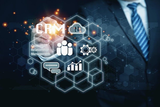 CRM Customer relationship management concept Businessman touching the virtual screen on business marketing internet online Satisfaction communication by internet online