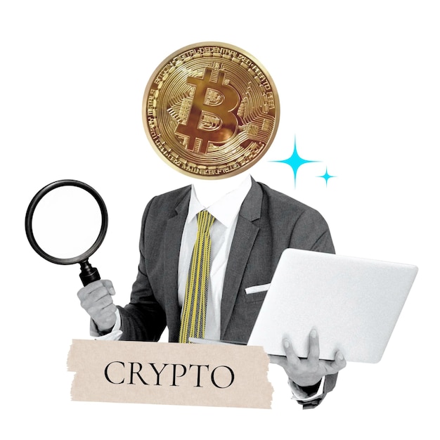 Crypto word png sticker bitcoin head businessman remix on transparent background